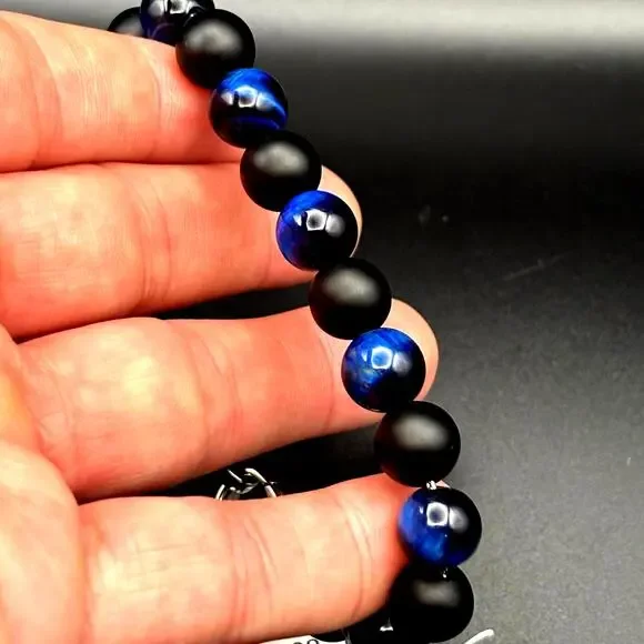 Blackjack BJB244BTN Men’s Blue Tiger Eye Onyx Beaded Bracelet 10mm NIBWT